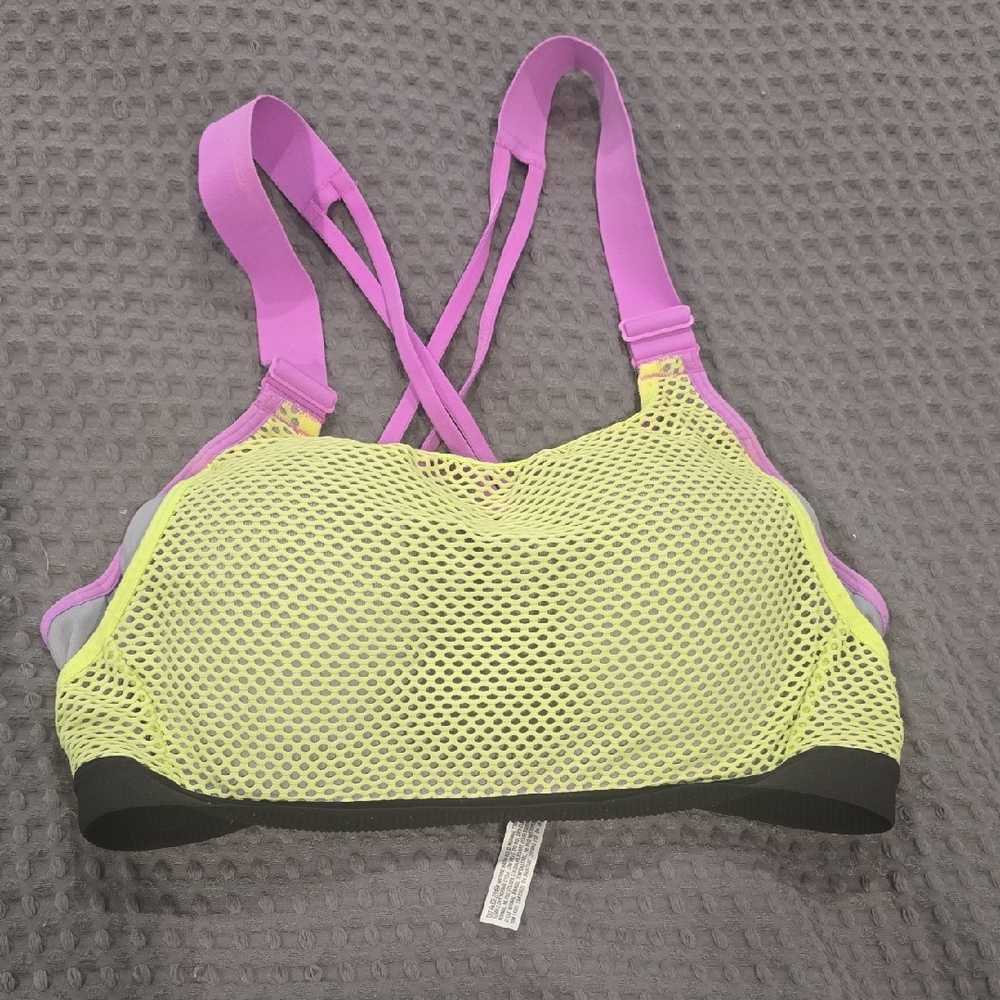 Victoria's Secret Neon Yellow Mesh Sports Bralette with Pink Straps